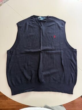 Ralph Lauren Navy V‑Neck Cotton Sweater Vest with Polo Label